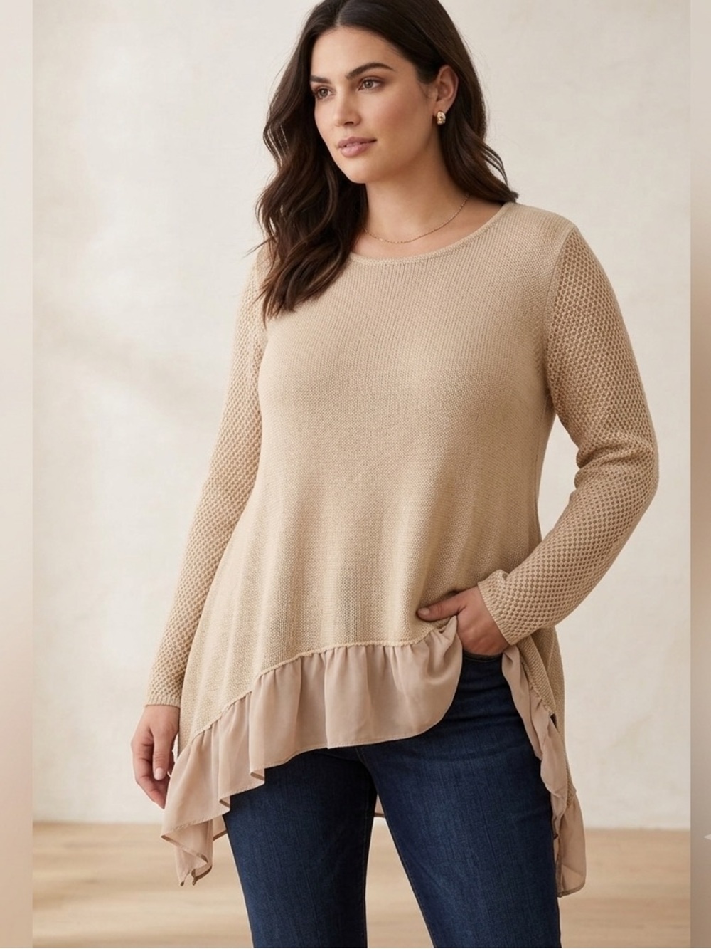 Listicle Knit Sweater Tan With Ruffle Bottom Size Medium